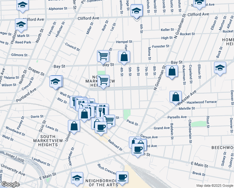 map of restaurants, bars, coffee shops, grocery stores, and more near 342 Central Park in Rochester