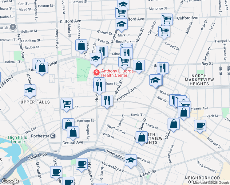 map of restaurants, bars, coffee shops, grocery stores, and more near 71 Wilson Street in Rochester