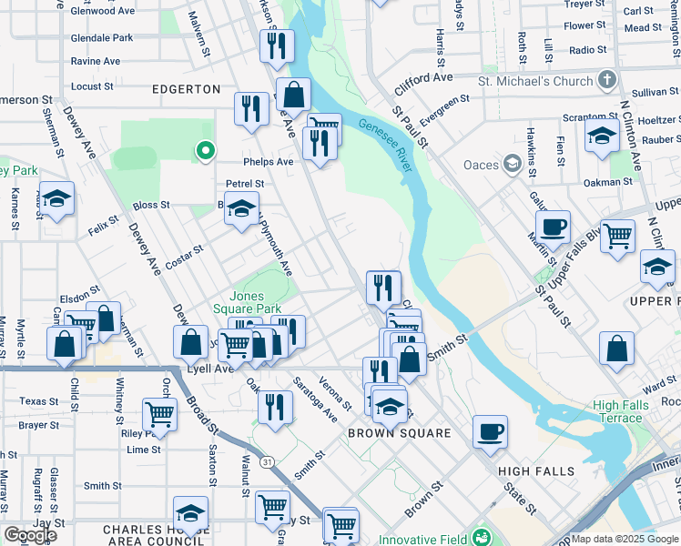 map of restaurants, bars, coffee shops, grocery stores, and more near 217 Lake Avenue in Rochester