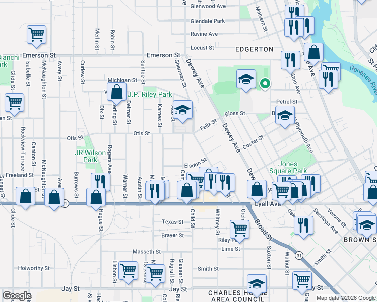 map of restaurants, bars, coffee shops, grocery stores, and more near 215 Sherman Street in Rochester