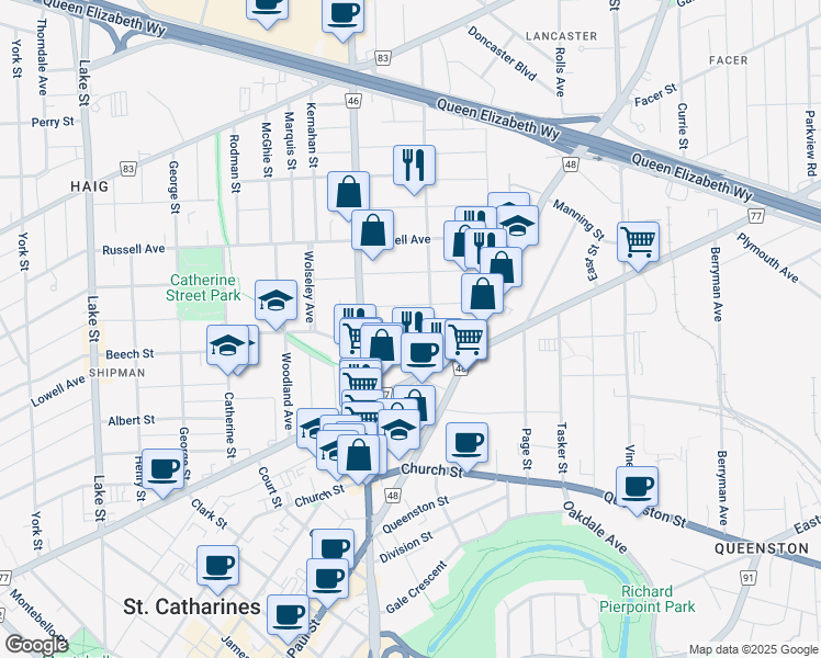 map of restaurants, bars, coffee shops, grocery stores, and more near in St. Catharines