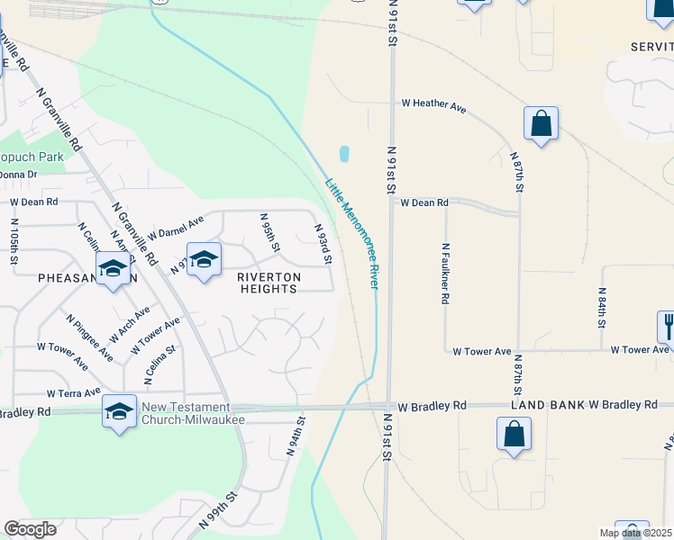map of restaurants, bars, coffee shops, grocery stores, and more near 8274 North 93rd Street in Milwaukee