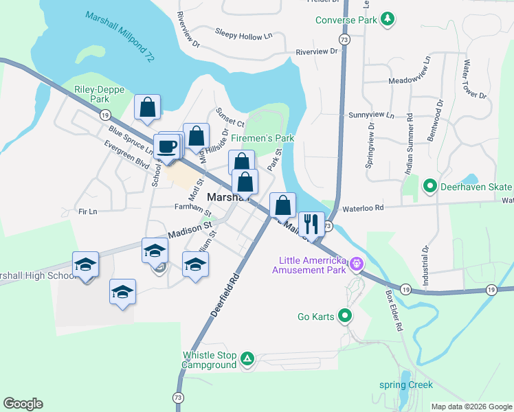 map of restaurants, bars, coffee shops, grocery stores, and more near 218 West Main Street in Marshall