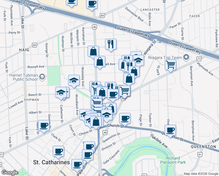 map of restaurants, bars, coffee shops, grocery stores, and more near 81 Maple Street in St. Catharines
