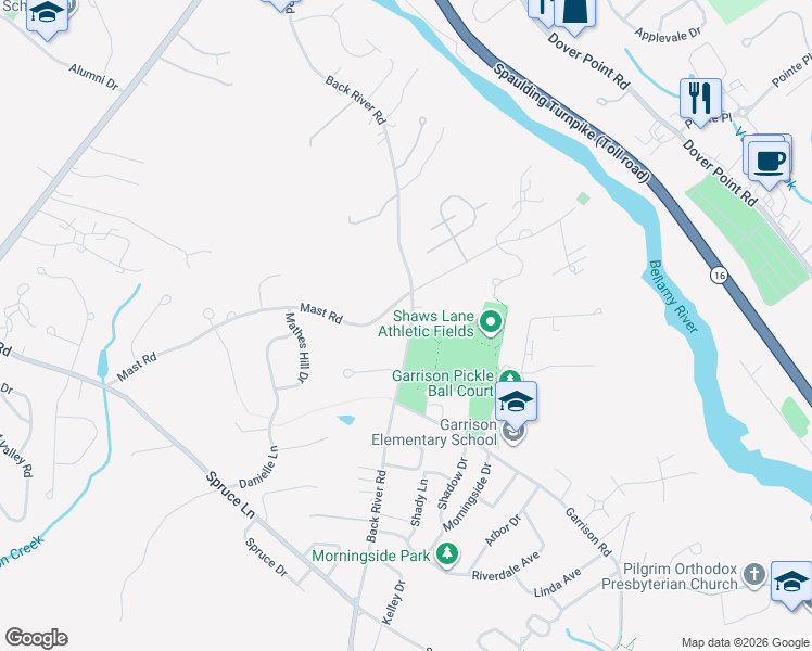 map of restaurants, bars, coffee shops, grocery stores, and more near 90 Back River Road in Dover