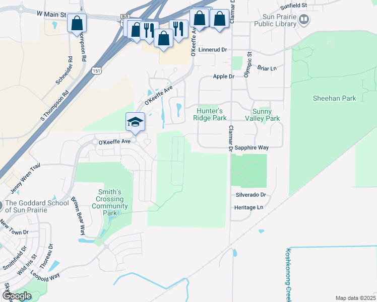 map of restaurants, bars, coffee shops, grocery stores, and more near 1149 Hickory Court in Sun Prairie