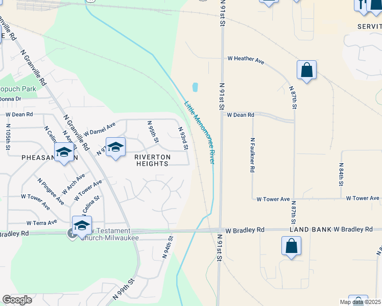 map of restaurants, bars, coffee shops, grocery stores, and more near 8274 North 93rd Street in Milwaukee