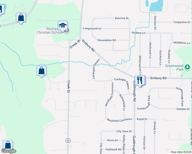 map of restaurants, bars, coffee shops, grocery stores, and more near 46 Cardogan Square in Rochester