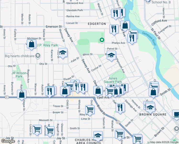 map of restaurants, bars, coffee shops, grocery stores, and more near Dewey Avenue & Costar Street in Rochester