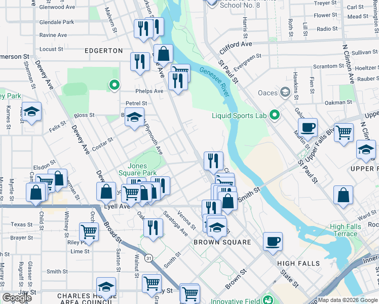 map of restaurants, bars, coffee shops, grocery stores, and more near 217 Lake Avenue in Rochester