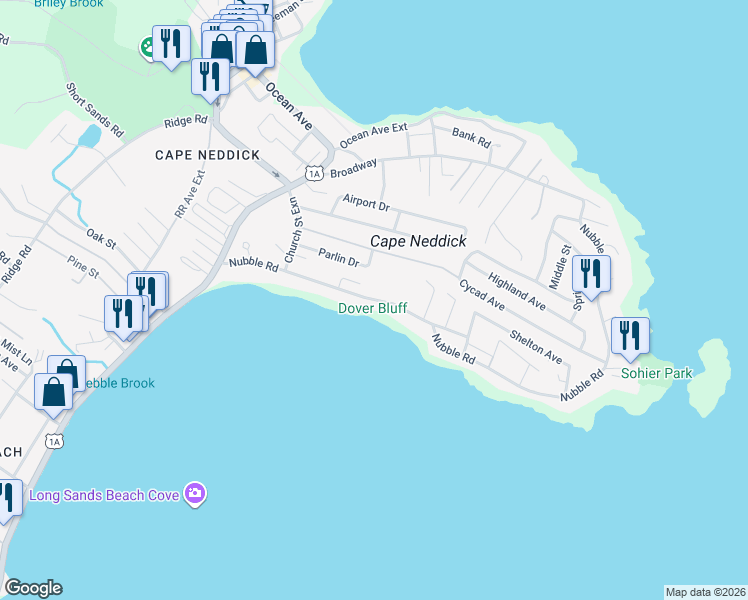 map of restaurants, bars, coffee shops, grocery stores, and more near 70 Nubble Road in York