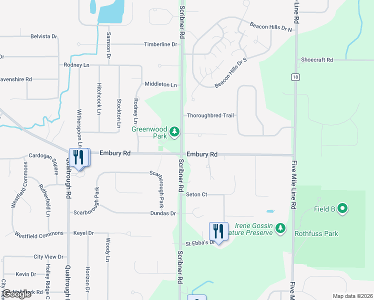 map of restaurants, bars, coffee shops, grocery stores, and more near 1564 Scribner Road in Penfield