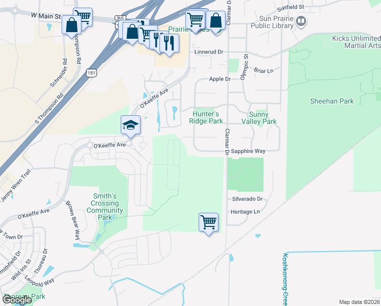map of restaurants, bars, coffee shops, grocery stores, and more near 1783 Sapphire Way in Sun Prairie