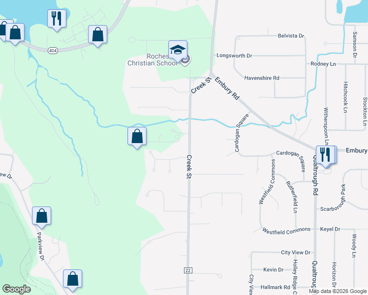 map of restaurants, bars, coffee shops, grocery stores, and more near 5 Graham Creek Heights in Rochester