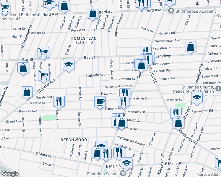 map of restaurants, bars, coffee shops, grocery stores, and more near 360 Rosewood Terrace in Rochester