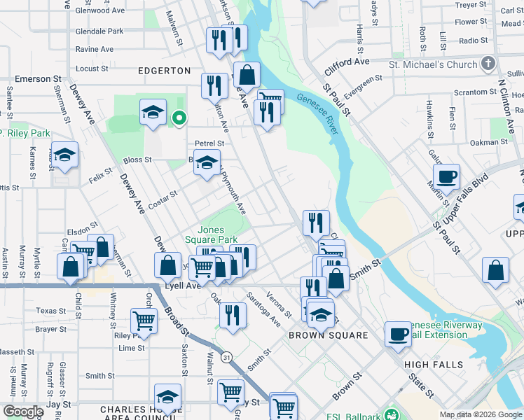 map of restaurants, bars, coffee shops, grocery stores, and more near 23 Fulton Avenue in Rochester