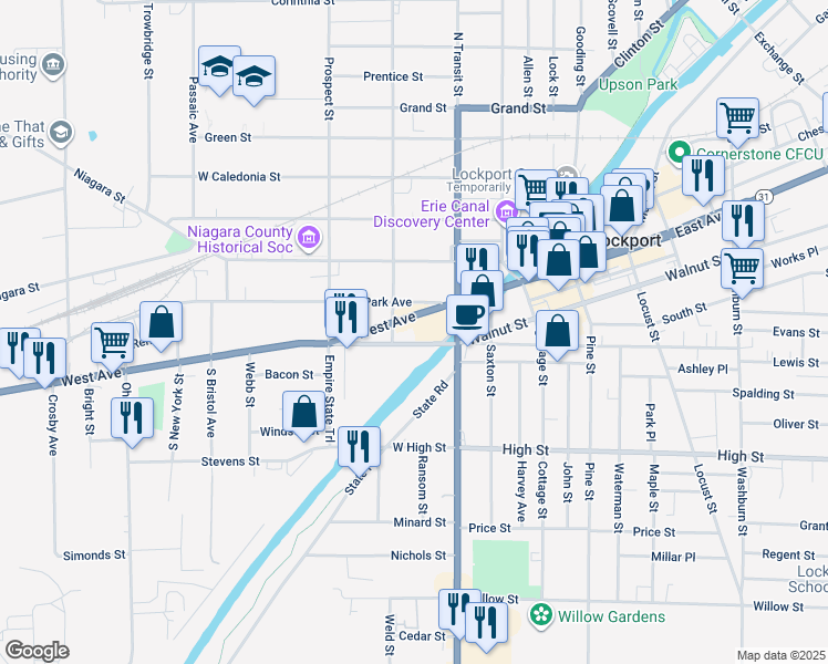 map of restaurants, bars, coffee shops, grocery stores, and more near 105 West Avenue in Lockport