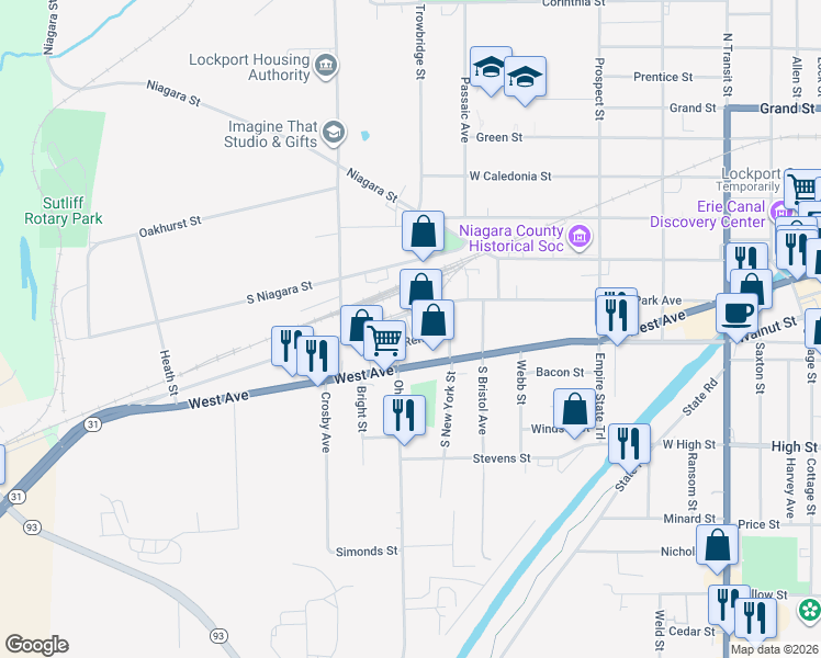 map of restaurants, bars, coffee shops, grocery stores, and more near 322 Park Avenue in Lockport