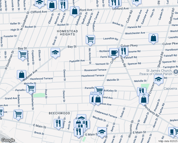 map of restaurants, bars, coffee shops, grocery stores, and more near 349 Rosewood Terrace in Rochester