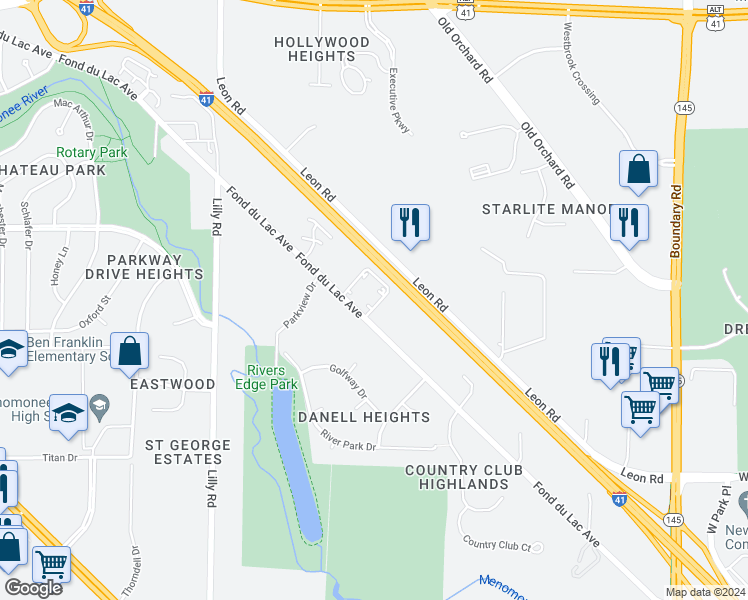 map of restaurants, bars, coffee shops, grocery stores, and more near N82W13492 West Fond Du Lac Avenue in Menomonee Falls