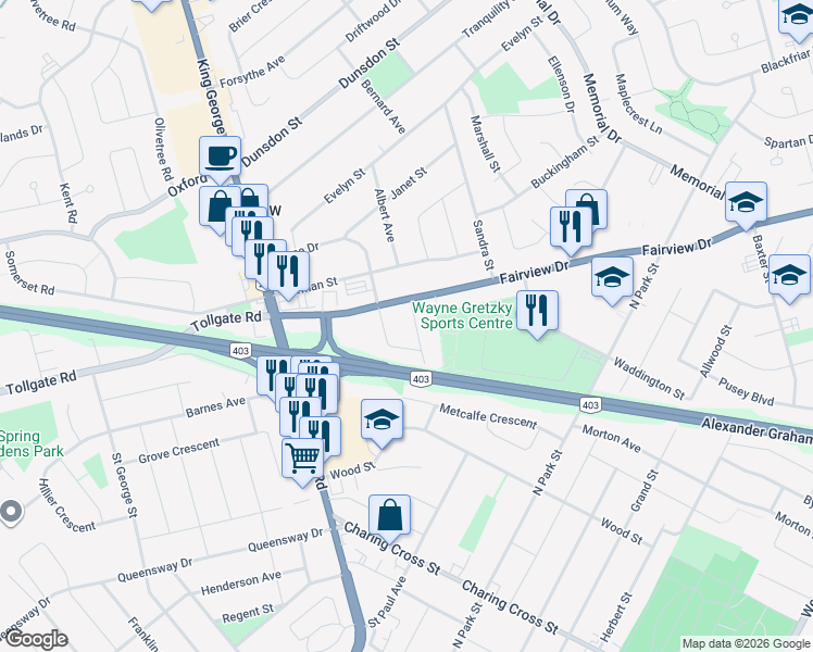 map of restaurants, bars, coffee shops, grocery stores, and more near 52 Fairview Drive in Brantford