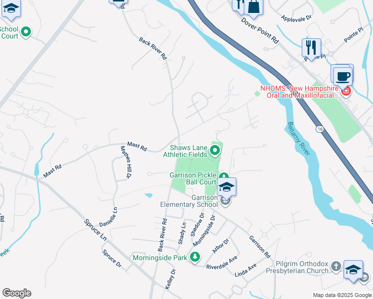 map of restaurants, bars, coffee shops, grocery stores, and more near 90 Back River Road in Dover