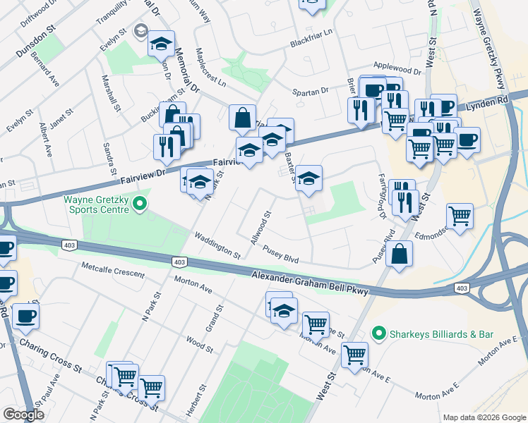 map of restaurants, bars, coffee shops, grocery stores, and more near 33 Pusey Boulevard in Brantford