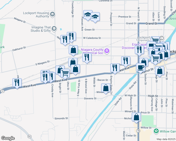 map of restaurants, bars, coffee shops, grocery stores, and more near 4 Bristol Avenue in Lockport