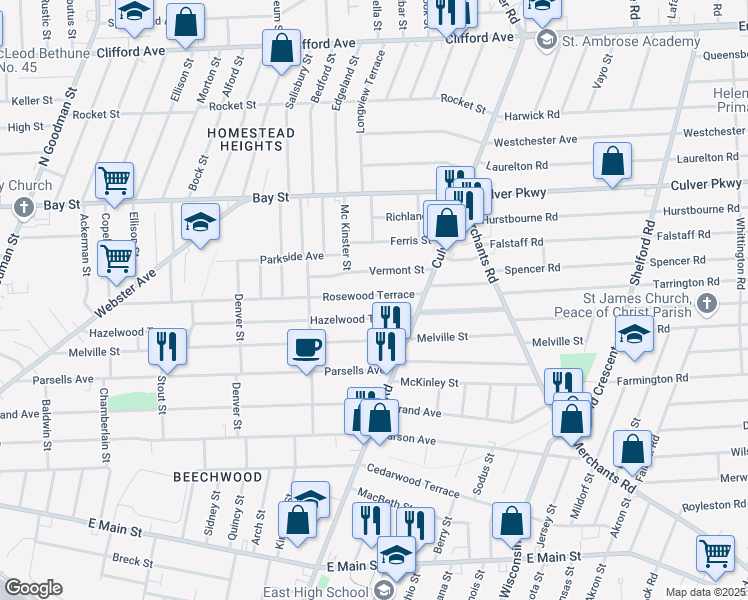 map of restaurants, bars, coffee shops, grocery stores, and more near 397 Rosewood Terrace in Rochester