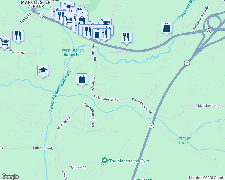 map of restaurants, bars, coffee shops, grocery stores, and more near 92 Bourn Brook Road in Bennington County