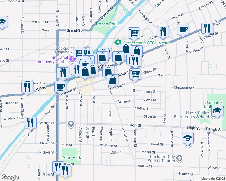map of restaurants, bars, coffee shops, grocery stores, and more near 79 South Street in Lockport