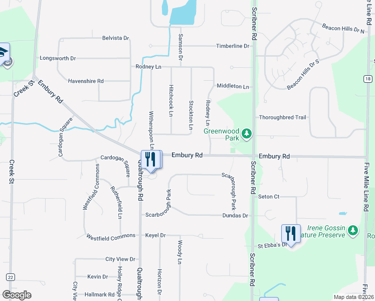 map of restaurants, bars, coffee shops, grocery stores, and more near 636 Embury Road in Rochester