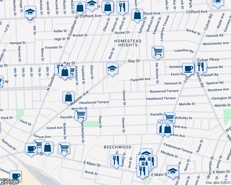 map of restaurants, bars, coffee shops, grocery stores, and more near 154 Rosewood Terrace in Rochester