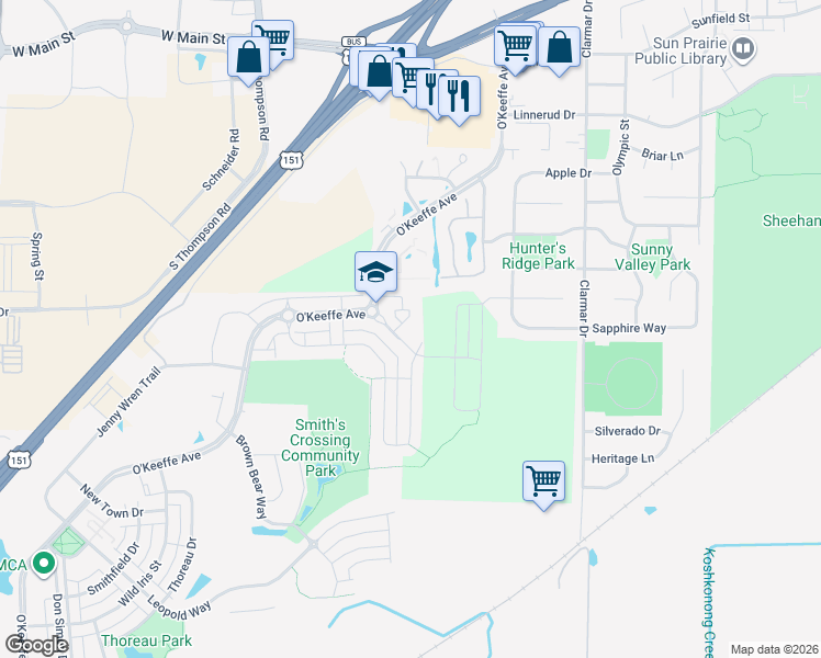 map of restaurants, bars, coffee shops, grocery stores, and more near 1850 Summerfield Way in Sun Prairie