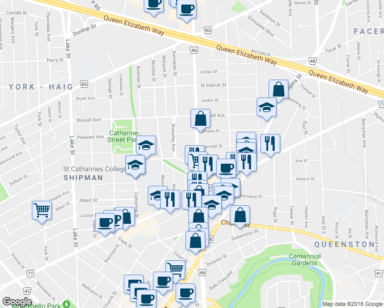 map of restaurants, bars, coffee shops, grocery stores, and more near 141 Geneva Street in Saint Catharines