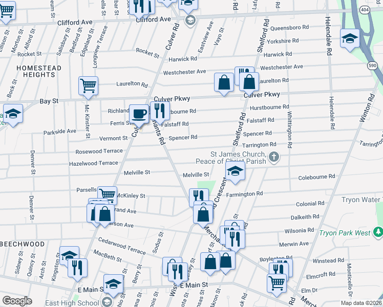 map of restaurants, bars, coffee shops, grocery stores, and more near 88 Woodrow Avenue in Rochester