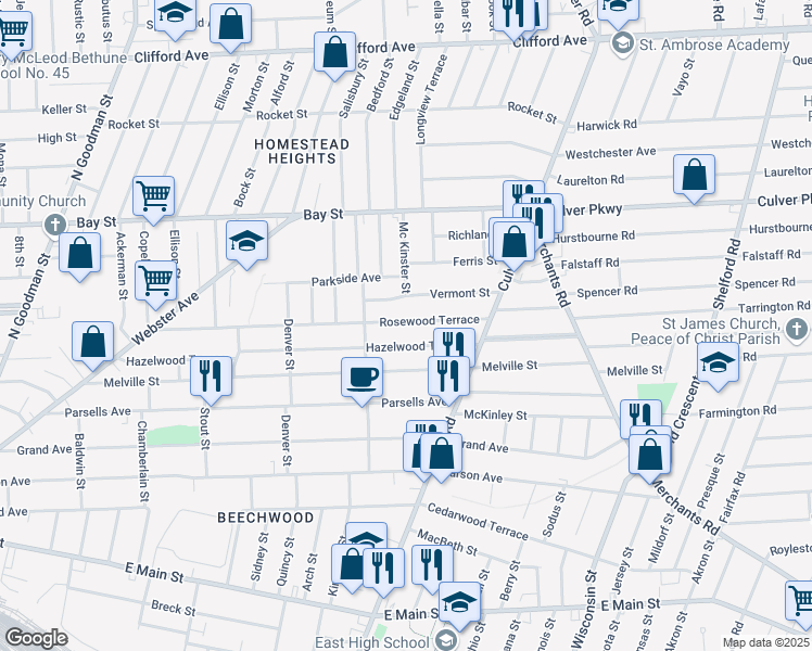 map of restaurants, bars, coffee shops, grocery stores, and more near 360 Rosewood Terrace in Rochester