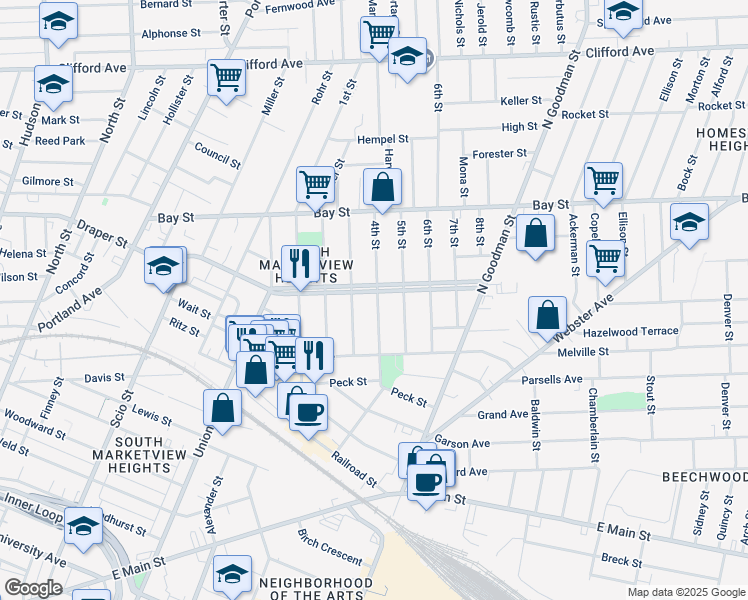 map of restaurants, bars, coffee shops, grocery stores, and more near 394 Central Park in Rochester