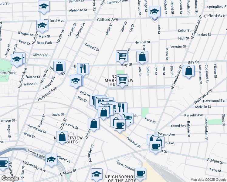 map of restaurants, bars, coffee shops, grocery stores, and more near 234 Central Park in Rochester