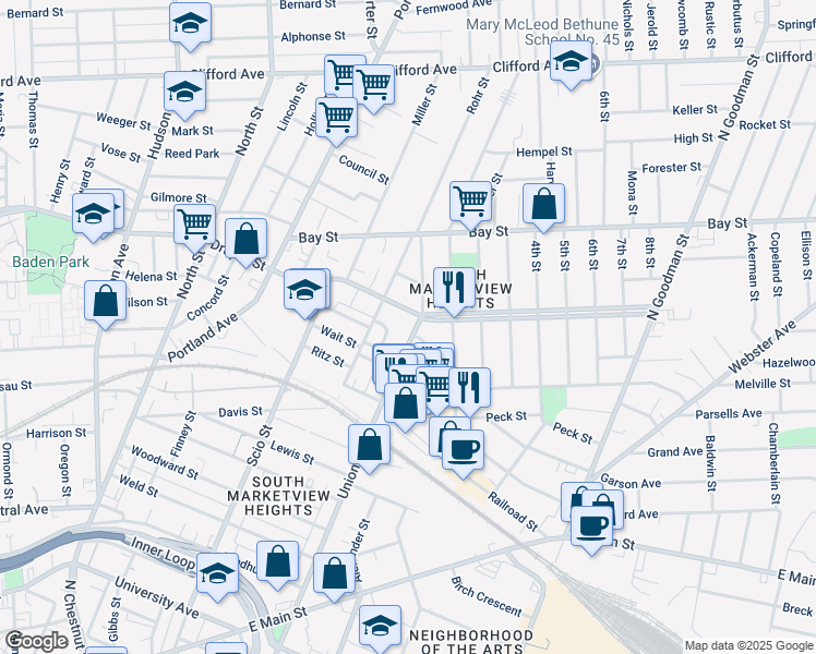 map of restaurants, bars, coffee shops, grocery stores, and more near 185 Central Park in Rochester