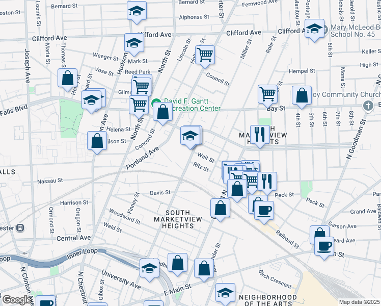map of restaurants, bars, coffee shops, grocery stores, and more near 1 1/2 Vetter Street in Rochester