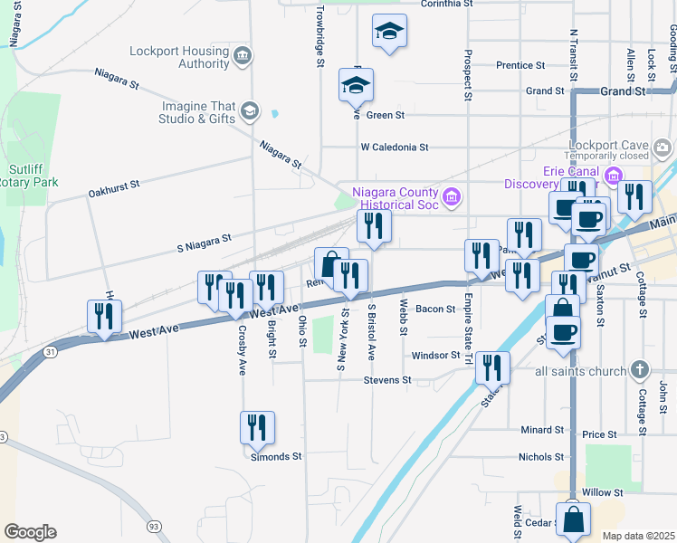 map of restaurants, bars, coffee shops, grocery stores, and more near 302 Park Avenue in Lockport