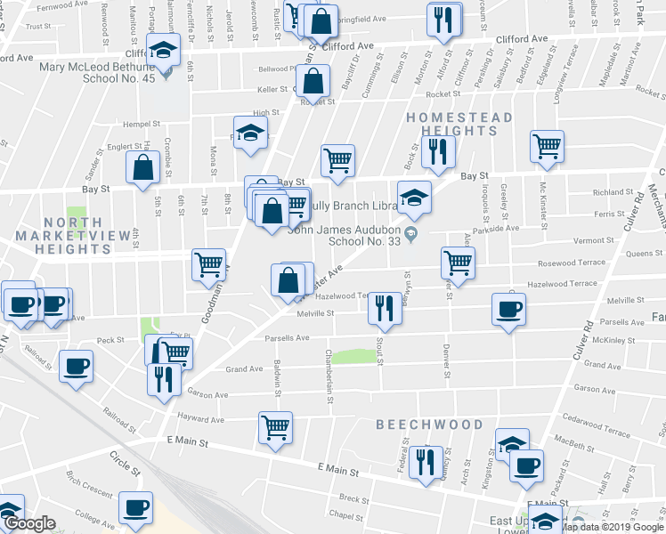 map of restaurants, bars, coffee shops, grocery stores, and more near 18 Copeland Street in Rochester