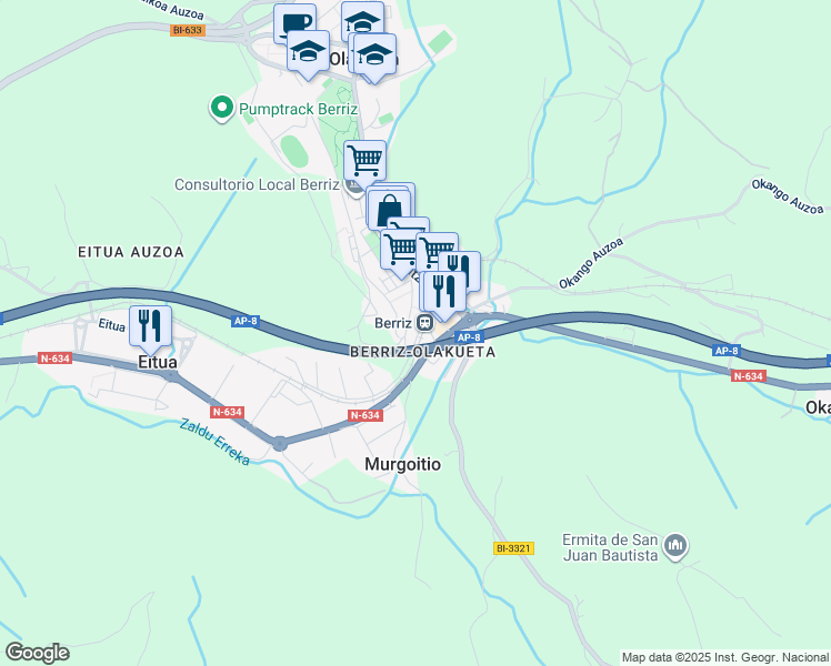 map of restaurants, bars, coffee shops, grocery stores, and more near 3 Geltoki Kalea in Berriz