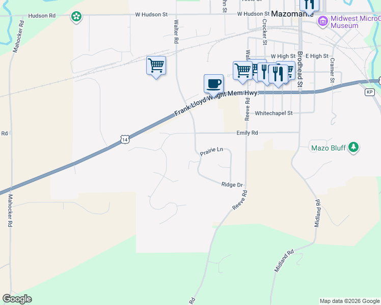map of restaurants, bars, coffee shops, grocery stores, and more near 605 Ridge Drive in Mazomanie