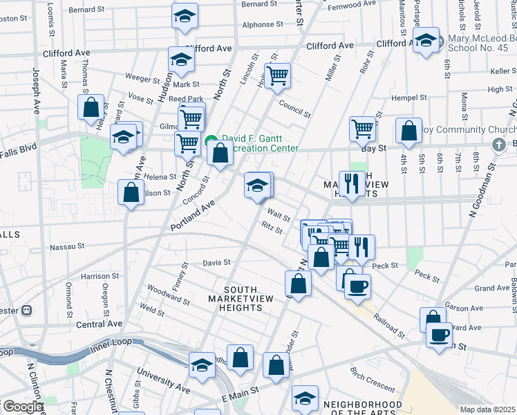 map of restaurants, bars, coffee shops, grocery stores, and more near 625 Scio Street in Rochester