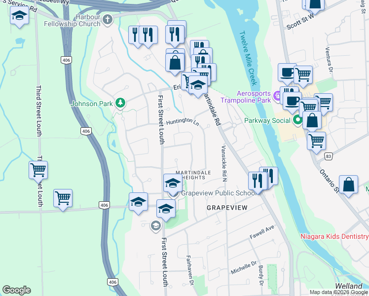 map of restaurants, bars, coffee shops, grocery stores, and more near 20 Chessington Street in St. Catharines