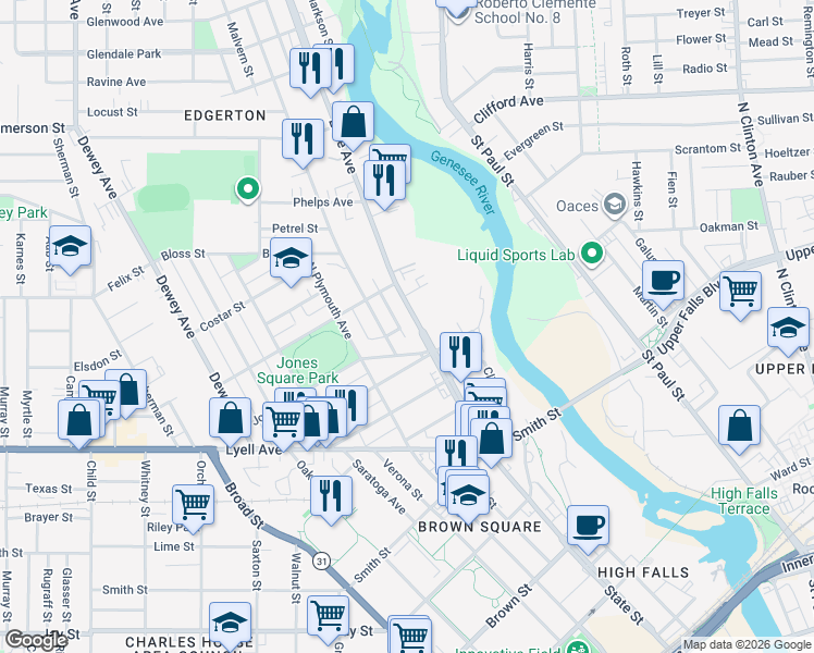 map of restaurants, bars, coffee shops, grocery stores, and more near 217 Lake Avenue in Rochester