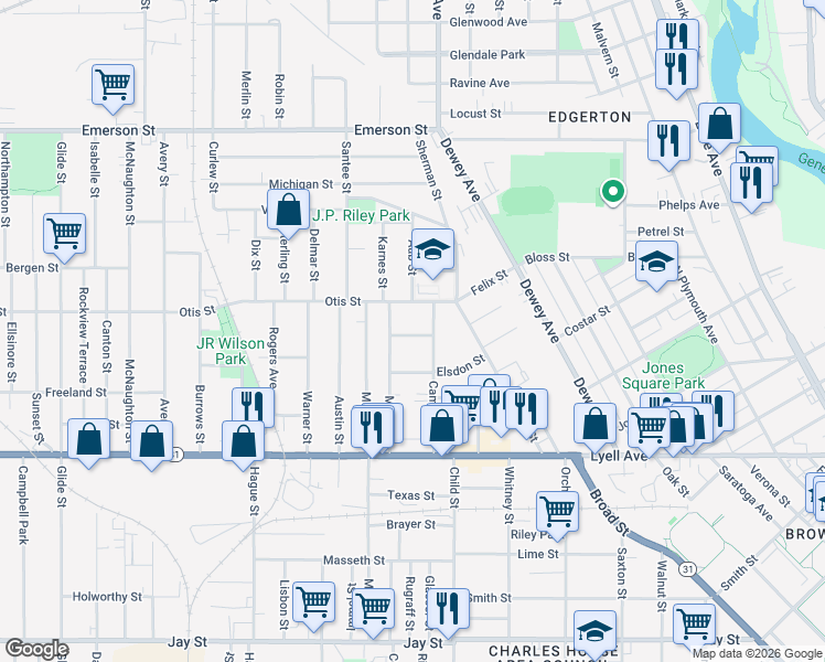 map of restaurants, bars, coffee shops, grocery stores, and more near 24 Orlando Street in Rochester