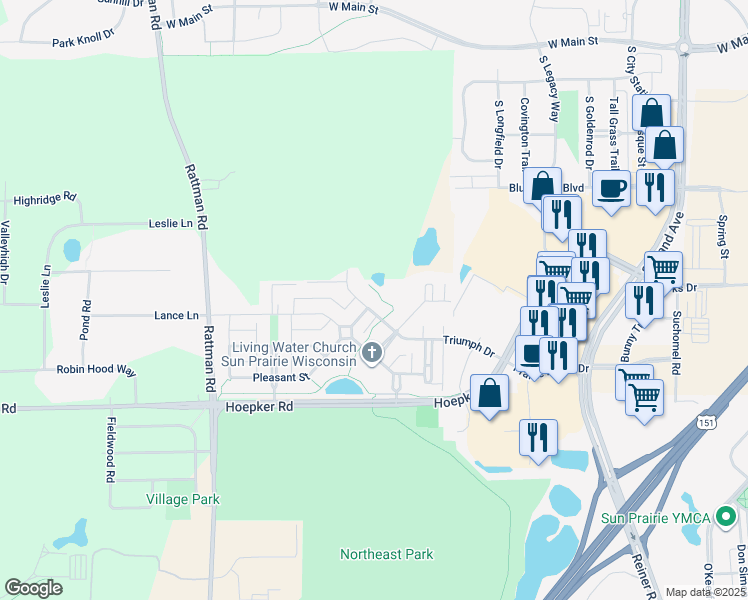 map of restaurants, bars, coffee shops, grocery stores, and more near 3084 Triumph Drive in Sun Prairie